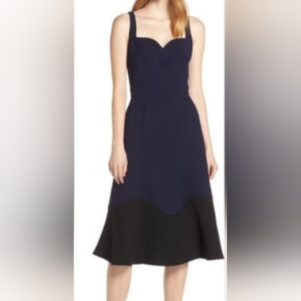 Harlyn SZ M Sleeveless Fit & Flare Navy And Black Midi Zipper Polytwill Dress